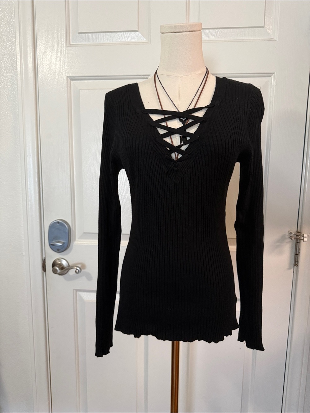 Shyanne Black Ribbed Lace-Up V-Neck Long Sleeve Top
